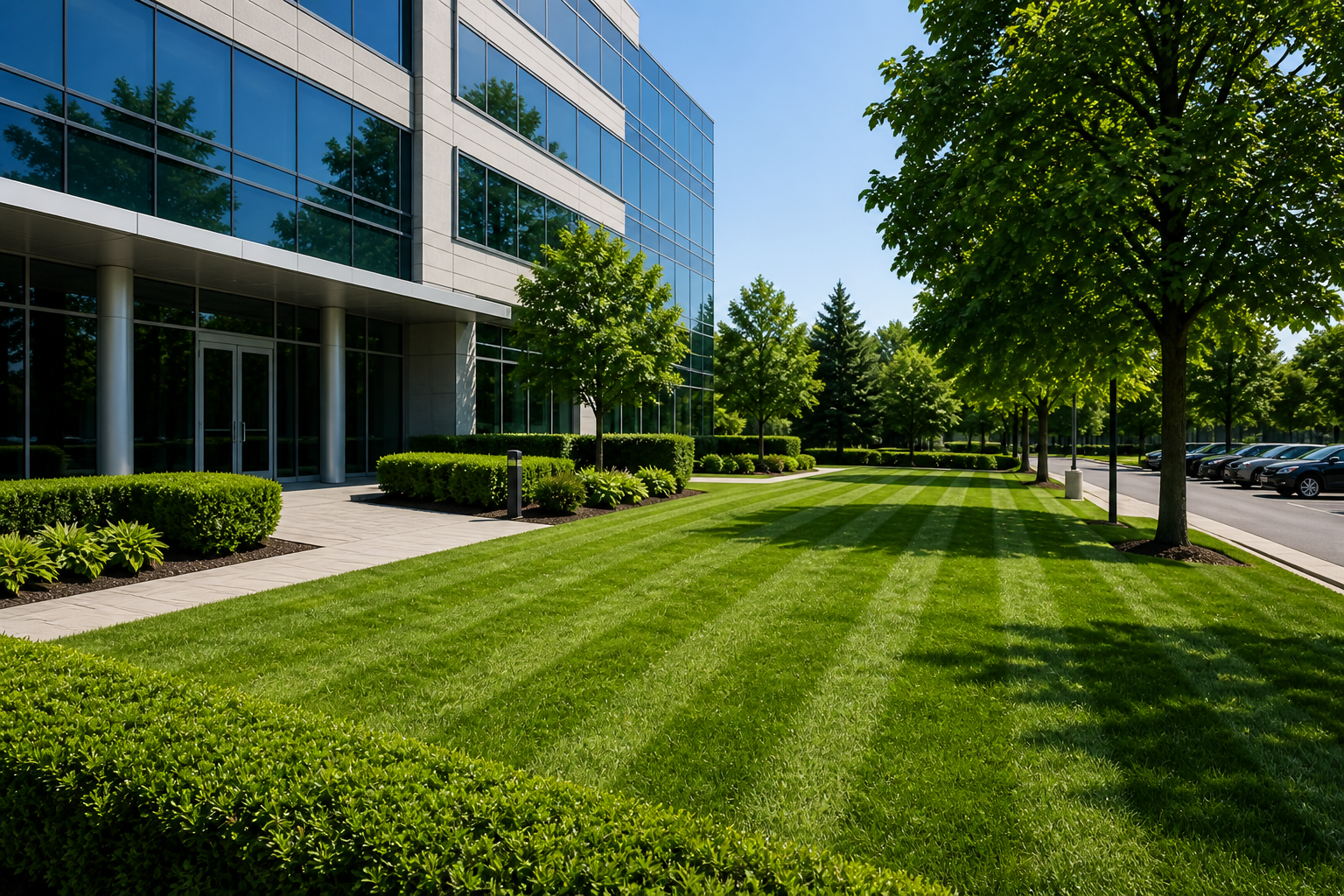 Well-maintained commercial office property with manicured lawn and hedges
