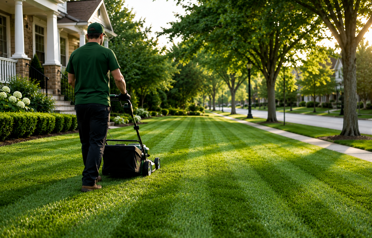 Lawn care professional mowing a beautifully striped residential lawn