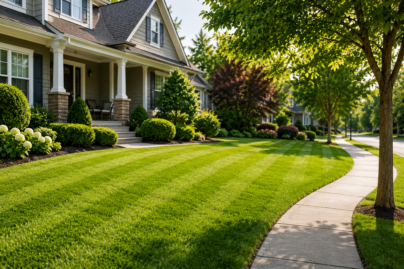 Beautiful residential home with professionally maintained lawn and landscaping