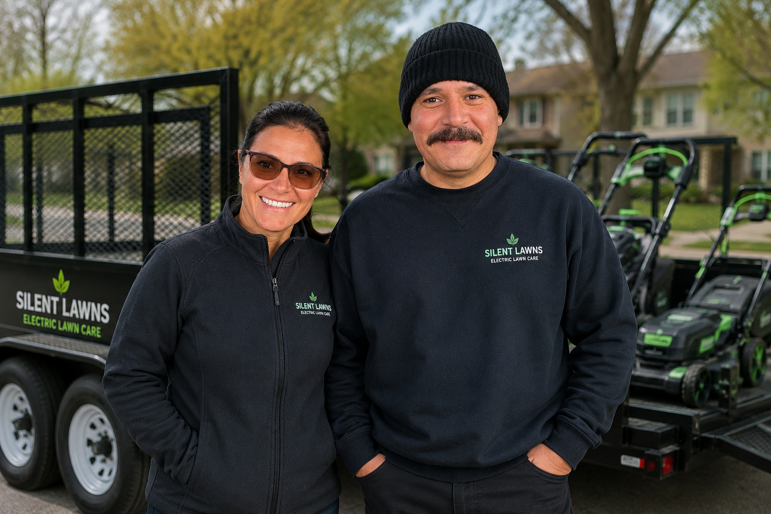 The Silent Lawns crew standing in front of their truck with electric lawn equipment